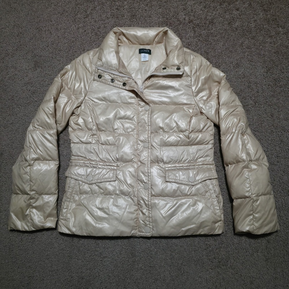 J Crew Down‎ Zip Puffer Coat Jacket Cream Beige Womens Medium Snap Button - Picture 4 of 12